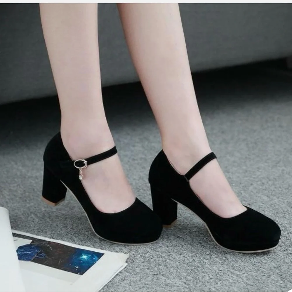 Elegant Black Suede, Rhinestone Embellished Mary Jane Heels -- EU 39 -- US 7.5/8